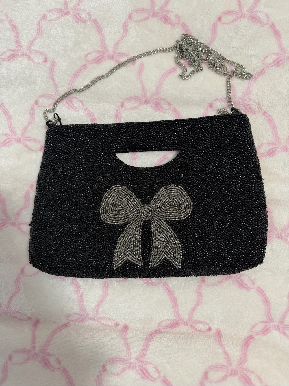 Rachel Zoe Black Beaded Clutch with Silver Bow Accent